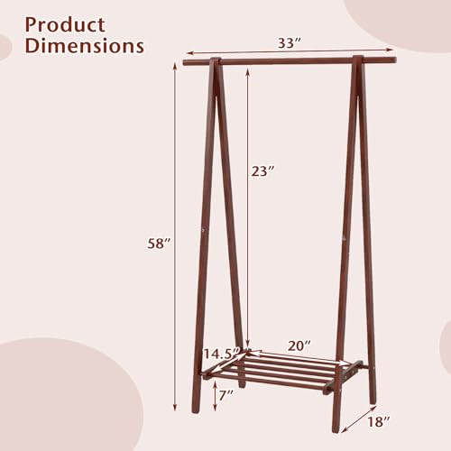 Tangkula Folding Rubber Wood Clothes Hanging Rack, Standing Garment Rack with Bottom Storage Shelf, Portable Clothing Organizer for Bedroom and Entryway (Walnut)