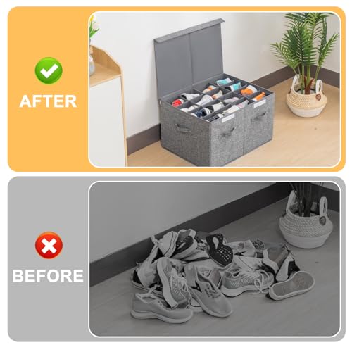2 Pack Shoe Storage Box Fits 32 Pairs, Large Shoe Organizer with Lid and Adjustable Dividers for Closet, Shoes, Sneakers and High Heeled, Foldable and Stackable (Grey) - color: Grey