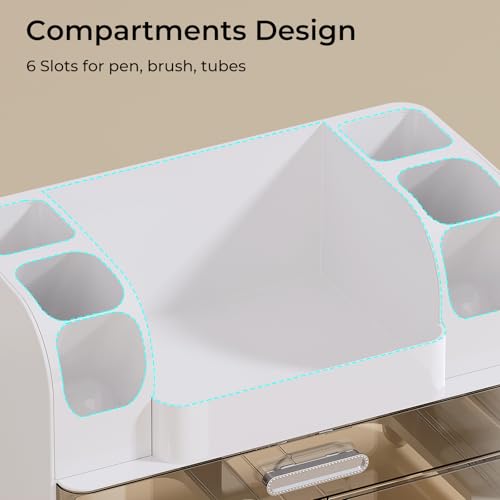 Makeup Organizer for Vanity with 2 Large Drawers, Cosmetic Display Case with Brush Holders, Easy to Storage for Bathroom Countertop Skincare, Perfume, White - color: White