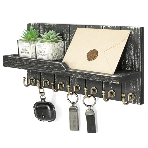 Rebee Vision Rustic Key Holder Wall Mount for Home Decor - Farmhouse Key Holder for Wall with Floating Shelf & 7 Sturdy Hooks - Stylish Mail Organizer to Tidy Apartment Essentials (Old Black) - color: Old Black, size: 15-inch