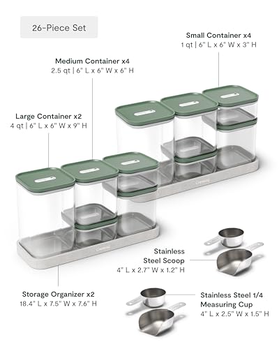 Caraway 26-Piece Ultimate Airtight Glass Food Storage Containers with Lids, Scoops, Measuring Cups and Organizers - Non-Toxic BPA-Free Stackable Space-Saving Containers for Pantry - Sage - color: Sage, size: 26-Piece Set