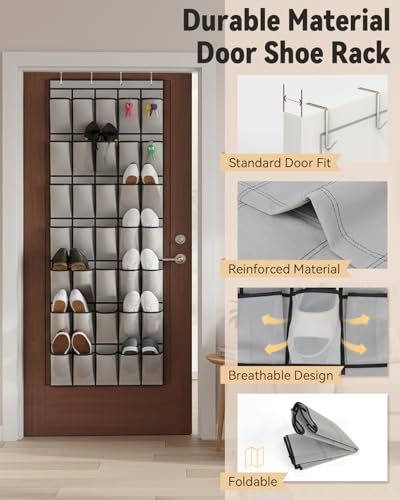 dodowin Over the Door Shoe Organizer Rack, 35 Large Breathable Mesh Pockets, Foldable Hanging Storage Holder for Closet Door, Space Saving Shoe & Accessory Organizer with 4 Metal Hooks, Gray - color: Gray, size: 35 Pockets