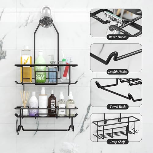 TreeLen Shower Caddy Hanging over Shower Head with 10 Hooks for Razor Large Shampoo Holder Shower Hanger Rack Bathroom Organizer- (Black, 11.8x4.1x24.8) - color: C-Black