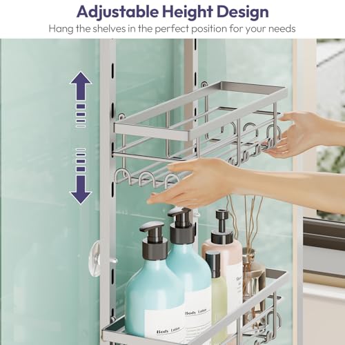 SWTYMIKI Over The Door Shower Caddy - 3 Tier Rustproof Hanging Shower Organizer with Adjustable Shelves, 28 Hooks & Soap Holder, Hanging Shower Rack Storage for Bathroom Accessories, Silver - color: Silver-3 Tier