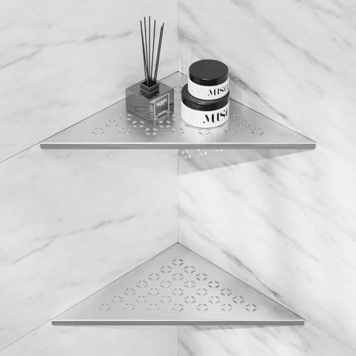 lives Corner Shower Shelf 10" Slot Design Bathroom Shower Shelves for Tiled Wall, 304 Stainless Steel Recessed Organizer Corner Shelves for Inside Shower Decor, Silver, 2 Pack - color: Silver-star Pattern, size: Triangle-2pcs