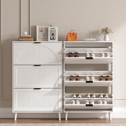 BORNOON Shoe Cabinet for Entryway with 3 Flip Drawers, Slim Wooden Shoe Storage Organizer with Modern Fluted Pannel，Freestanding Narrow Hidden Shoe Rack for Hallway, Foyer, Living Room - color: White, size: 3 Flip Drawers