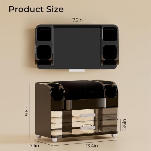 Makeup Organizer for Vanity with 2 Large Drawers, Cosmetic Display Case with Brush Holders, Easy to Storage for Bathroom Countertop Skincare, Perfume, Black - color: Black