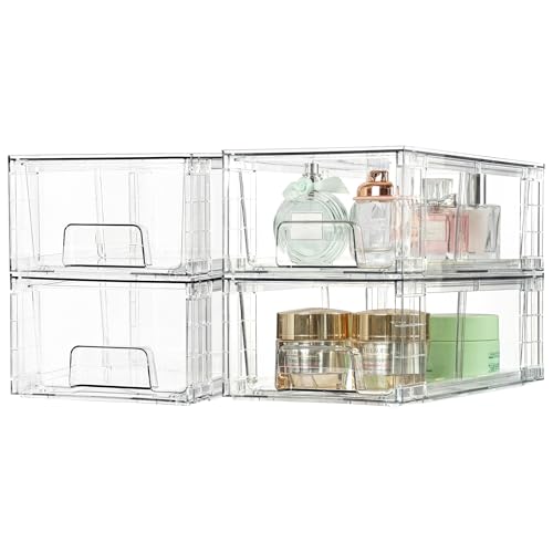 Vtopmart 10 Pack Stackable Storage Drawers,Clear Acrylic Drawer Organizers with Handles, Easily Assemble Containers for Fridge, Bathroom,Kitchen Undersink,Cabinet,Pantry Organization and Storage - size: 10Pack 4.4"H-with Dividers