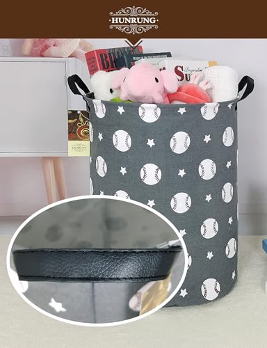 Collapsible Fabric Storage Basket, Waterproof Laundry Hamper with Handles, Round Storage Bin for Clothes Toys, Foldable Organizer for Bedroom Nursery Bathroom(Round-Grey Baseball) - color: Round-Grey Baseball