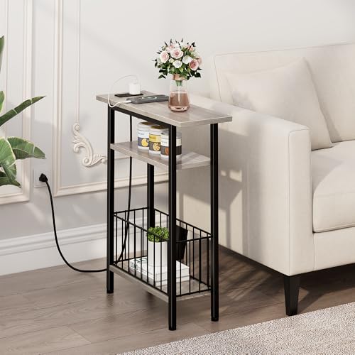 Vagusicc Narrow Side Table with Charging Station, Skinny Side End Table for Couch, 3-Tier Small End Tables for Small Spaces, 25.2" Tall Slim Nightstand Bedside Table for Living Room, Bedroom, Greige - color: Greige, style: With Plug