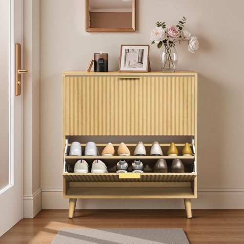 VASAGLE MAXE Collection - Shoe Storage Cabinet with 2 Flip Drawers, Freestanding Narrow Shoe Rack Organizer for Entryway, Fluted Doors, Fits 12-16 Pairs, Mid Century Modern, Oak Beige UHSC202YC03S - color: Oak Beige, size: 9.4"D x 34.2"H, style: 3 Flip Dr