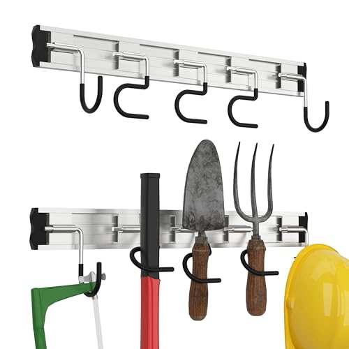 HUPBIPY 34.5'' Aluminum Alloy Garden Tool Organizer Wall Mount Garage Organizers and Storage with Hooks Tool Hangers for Shed Hooks for Shovel, Rake, Broom & More - color: 34.5 in - Black, size: 34.5 Inch