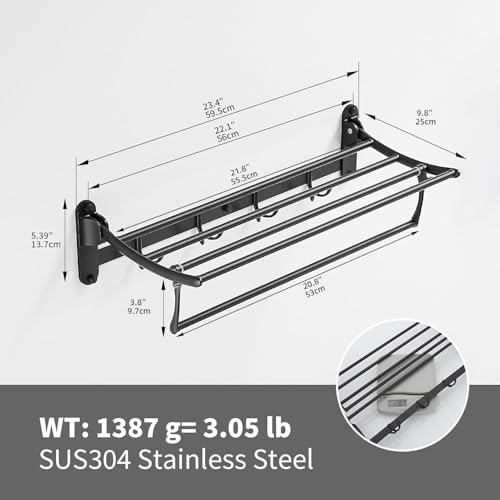 BESy 24 Inch Matte Black Towel Racks, Bathroom Towel Shelf with Foldable Towel Bar Holder and Towel Hooks, Wall Mounted Multifunctional Bathroom Accessories, Double Towel Bars - color: Matte Black