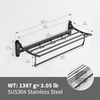 BESy 24 Inch Matte Black Towel Racks, Bathroom Towel Shelf with Foldable Towel Bar Holder and Towel Hooks, Wall Mounted Multifunctional Bathroom Accessories, Double Towel Bars - color: Matte Black