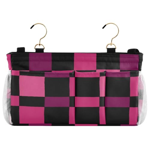 Bedside Caddy Metal Frame Hanging Organizer Bunk Bed Dorm Accessories Hook And Loop Storage Bag Large Pockets Checkered Dark Pink and Black - color: Checkered Dark Pink and Black