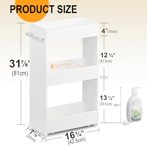 MARTY Wood Rolling Storage Cart 7.9" W, 3 Tier White Slim Utility Kitchen Cart on Wheels Laundry Room Bathroom Organizers Narrow Shelves with Handle Mobile Shelving Unit for Small Places - color: White