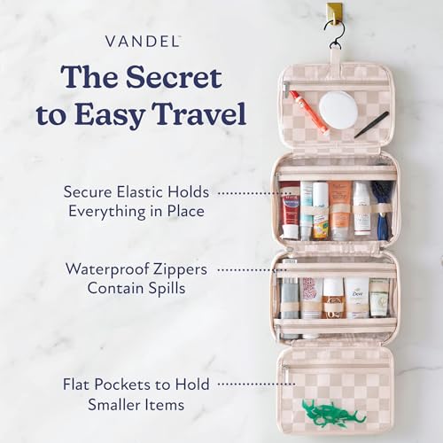 VANDEL Waterproof Hanging Toiletry Bag [TSA-Approved] Hanging Makeup Organizer Bag, Cosmetic Travel Bags for Women, Makeup Case Toiletries Organizer Hygiene Bathroom Shower Caddy - Neutral Checker - color: Neutral Checker