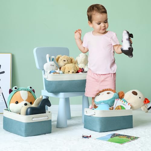 TheWarmHome Fabric Storage Bins Baskets for Organizing,Sturdy Storage Basket W/Handles, Decorative Foldable Storage Baskets for Shelves Closet Nursery Toy (White&Teal, Medium - 3 Pack) - color: White And Green, size: 3PCS/Medium -13.8Lx9.8Wx6.7H