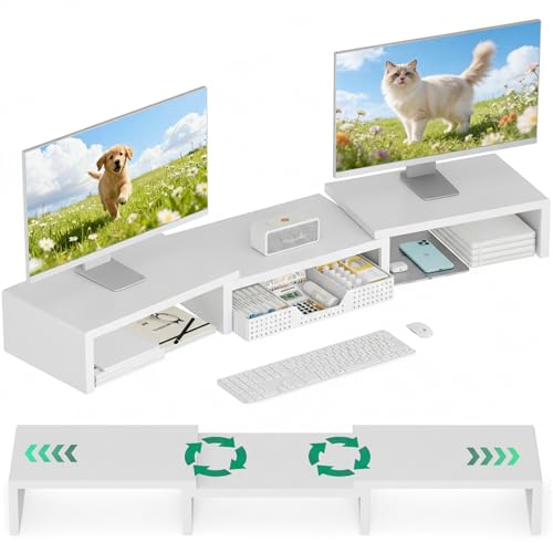 OPNICE Desk Organizer, Dual Computer Monitor Stand Riser with Drawer, Office Desk Accessories & Workspace Organizers, White - color: White
