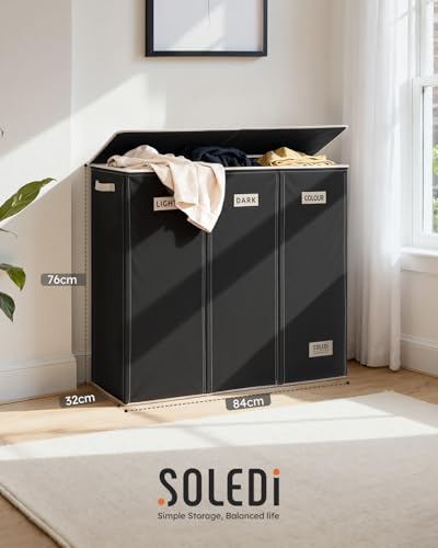 SOLEDI 200L 3-Section Laundry Hamper with Lid, Extra Large Dirty Clothes Basket with Sturdy Handles for Laundry Room & Bedroom - Durable Organizer for Sorting Laundry - color: Black, size: 200L
