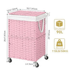 Chrislley 90L Slim Laundry Hamper with Wheels, Rolling Laundry Basket with Lid and Renovable Liner Bag, Handwoven Rattan Organizer for bedroom, bathroom, laundry room (Pink) - color: Pink