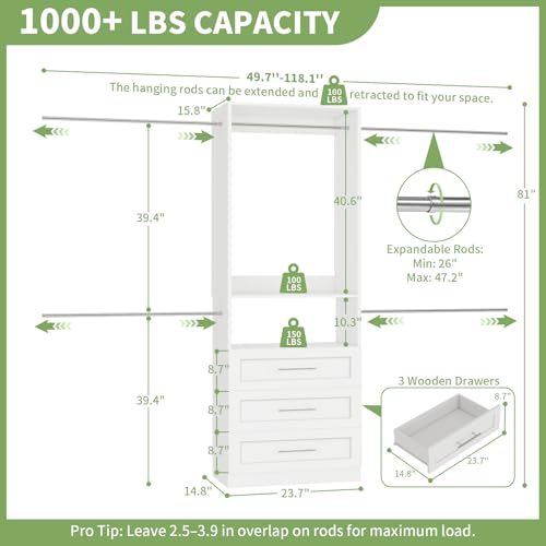 Closet System with 3 Drawers, 4–8.5 Ft Closet Organizer System with 5 Adjustable Hanging Rods & Shelves, Wood Walk-In Closet System, Built-In Modular Closet Kit, Sturdy Garment Rack, White