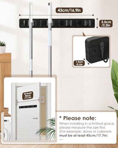 AceMining Broom Holder Wall Mounted, Black 4 Holders and 4 Hooks Mop Holder, Wooden Mop and Broom Holder with Anti slip rubber, Natural pine wood Brush Holder, Mop Wall Holde with Nail installation - color: Black, size: 1 Pack