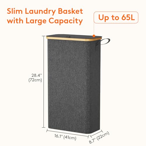 Lifewit 65L Slim Laundry Hamper with Lid, Narrow Laundry Basket with Removable Bag & Bamboo Handles, Fodable Thin Dirty Clothes Hamper for Laundry Collapsible Bin for Bathroom Bedroom Dorm, Dark Gray - color: Dark Gray, size: 65L