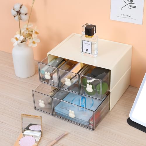 Desktop Storage Drawers, Plastic Desk Organizer with 3 Drawers, Modular Stackable Toolbox Units for Office Stationary, Makeup Container, Bathroom Countertop (1 Tall Layer, Cream & Clear) - color: 1 Tall Layer & 3 Drawers, Cream & Clear