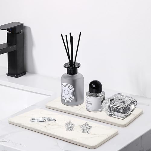 2 Pcs Water Absorbing Stone Drying Trays for Bathroom Sink Kitchen Counter Soap Dish Dispenser Sponge Holder White Ceramic Bathroom Vanity Quick Dry Stone Mat for Kitchen Sink Marble Diatomite Tray - color: White Marble