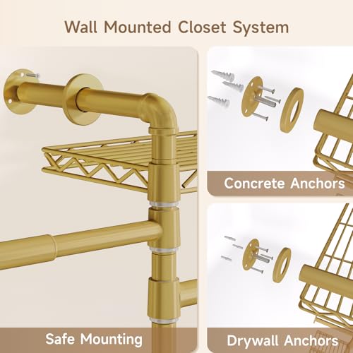 Wall Mounted Garment Rack, Walk-in Closet System with Expandable Rods, Adjustable Shelves, Industrial Pipe Clothing Racks, Hanging Clothes Organizers and Storage, Metal Closet Shelving Wardrobe - color: Gold
