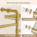 Wall Mounted Garment Rack, Walk-in Closet System with Expandable Rods, Adjustable Shelves, Industrial Pipe Clothing Racks, Hanging Clothes Organizers and Storage, Metal Closet Shelving Wardrobe - color: Gold