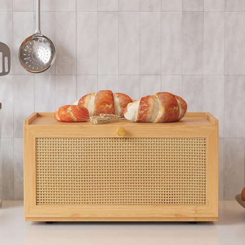 Trironsun Rattan Bamboo Bread Box for Kitchen Counter Large Capacity Bread Storage Bin Farmhouse Bread Storage Container Rustic Bread Holder (Natural Bamboo) - color: Natural Bamboo