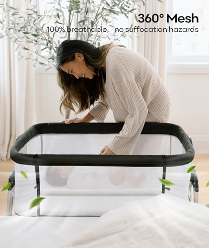 Fodoss Baby Bassinet Bedside Sleeper with Wheels and Storage Tray,4-Sided Mesh Bedside Bassinet for Infant/Newborn,7 Height Adjustable Easy Folding Bedside Crib - color: Dark Grey Tweed