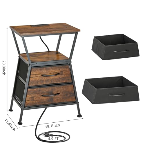 Nightstand with Charging Station, Side Tables for Bedroom with Built-in USB Side Table with 2 USB Ports and Outlets Nightstand with Cloth Drawer End Tables Living Room Sofa Couch - color: Rustic Brown With Socket