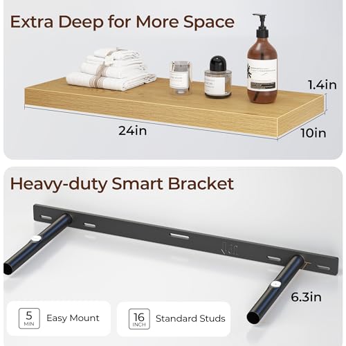 Fun Memories Floating Shelves for Wall 24 Inch Set of 3, Farmhouse Floating Shelves with Invisible Heavy Duty Bracket, 10 Inch Deep Bathroom Shelves for Storage, Living Room, Kitchen, Decor, Oak - color: Oak, size: 24"W x 10"D - 3P