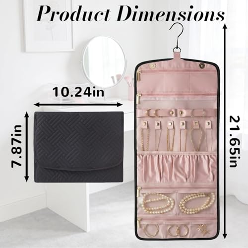 Jewelry Organizer with Hanger,Hanging Jewelry Organizer, Portable Travel Jewelry Bag,Foldable Storage for Earrings, Rings, and Watches; Can Be Hung on Wardrobes, Walls, or Doors, Black - color: Black