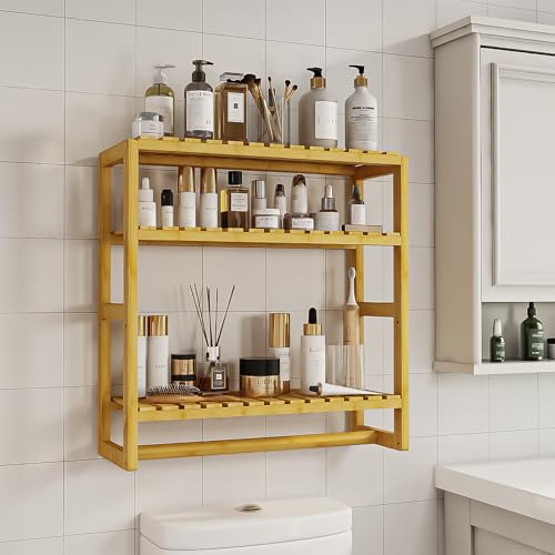 Galood Over The Toilet Storage Bathroom Shelves Wall Mounted 3 Tier Space Saver Corner Shelf Organizer Bamboo Towel Rack Toilet Paper Cabinet with Hanging Rod Yellow - color: Natural 1pack, size: Standard