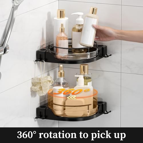 360°Rotating Corner Shower Caddy(2-Pack), No-Drill Adhesive Shower Shelf Organizer with Hooks, Lazy Susan Bathroom Storage for Bathtub, Shower Corner & Kitchen Sink, Space Saving Bathroom Organizer - color: Dark Black