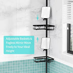 KEGII Shower Caddy Tension Pole - Adjustable Rustproof Corner Bathroom Organizer with Fogless Shower Mirror, 25–114.2 Inch No-Drill Bathroom Storage, Black - style: Tension Caddy with Mirror - Black