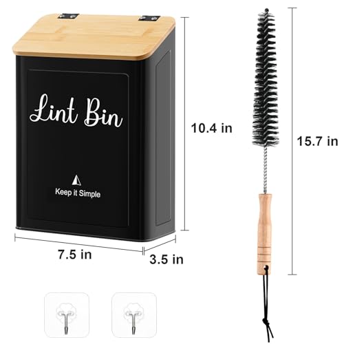 SUBEKYU Metal Magnetic Lint Bin for Laundry Room, Wall Mounted Lint Box Holder with Lid for Dryer,Laundry Room Organization and Storage,Bamboo Lid Lint Basket,Black - color: Black