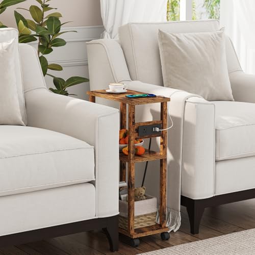 TUTOTAK Small Narrow Side Table with Charging Station, Skinny End Table for Small Spaces, Slim Nightstand with USB Ports and Outlet, Sofa Beside Table with Wheels, Rustic Brown TB01BB047C - color: Rustic Brown, size: 2 PC, style: With Plug