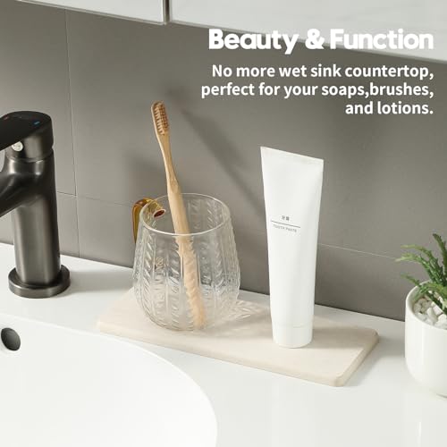 Razborci 3PCS Bathroom Sink Vanity Trays, Quick Stone Drying Mat Dish Soap Dispenser Sponge Holder for Kitchen Counter, Diatomaceous Earth Water Absorbing Caddy Organizer, Beige - color: 3 Pack - Greige, size: 9" X 3.5"
