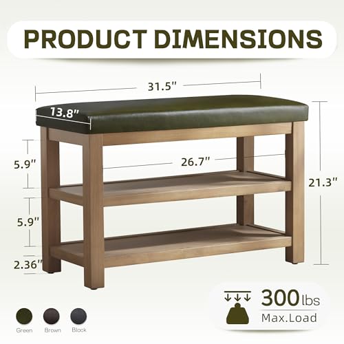 Zihanhome Shoe Rack Bench with Leather Cushion, 2 Tier Solid Wood Storage Bench, Mid-Century Modern Shoe Bench for Entryway, Hallway, Closet, Front Door Entrance, Foyer (Green, 31.5) - color: Green, size: 31.5"