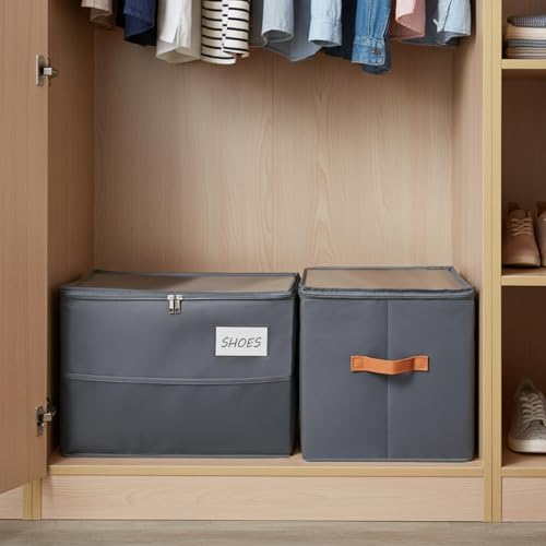 Shoe Organizer for Closet, Foldable Shoe Storage Organizer Containers with Clear Cover, Space Saving Shoes Holder with Handles, Gray (1, Large) - color: Grey-1pcs Large