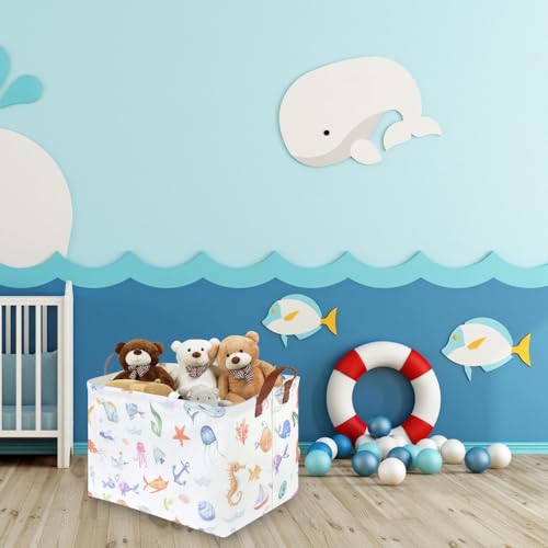 Rectangle Fish Basket,Ocean Animals Waterproof Kids foldable Laundry Basket,Nursery Hamper,Boys and Girls Hamper,kids Room decor, kids toy organizer,Gift basket(Ocean Animals) - color: Ocean Animals