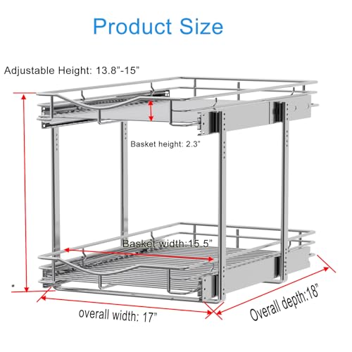 DINDON 2 Tier Pull Out Cabinet Organizer (17" W x 18" D) Heavy-Duty Metal Sliding Drawer Shelf, Two Tier Pull Out Shelves for Kitchen Cabinets, Pantry, Bathroom, Chrome Finish - size: 17'' W X 18'' D