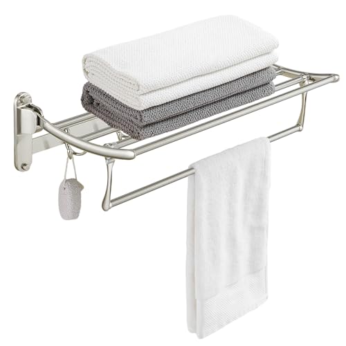 BESy 24 Inch Brushed Nickel Towel Racks, Bathroom Towel Shelf with Foldable Towel Bar Holder and Towel Hooks, Wall Mounted Multifunctional Bathroom Accessories, Double Towel Bars - color: Brushed Nickel
