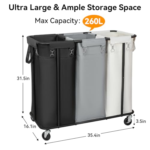WOWLIVE Laundry Hamper with Wheels 260L Rolling Laundry Basket 3 Section Organizer Laundry Cart with Steel Frame and Removable Bags Large Dirty Clothes Hamper Dorm Room Storage for Bedroom - color: Black + Beige + Grey, size: 260L (35.4×16.1×31.5in)