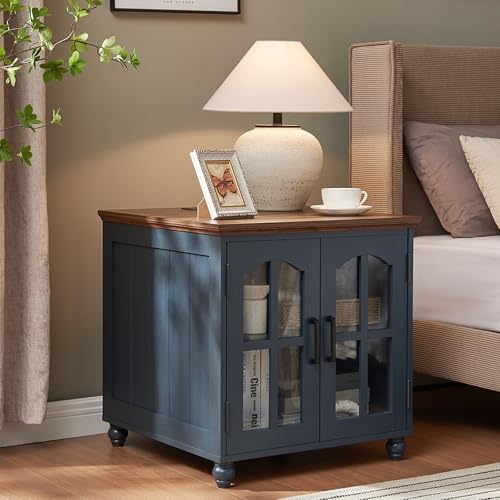 RWYHG Farmhouse 24" End Table Set of 2 with Charging Station, Large Sofa Side Table with Glass Barn Door,Wood Night Stand with Adjustable Storage Shelf,Square Bedside Table for Living Room,Bedroom - color: Blue, size: Set 2